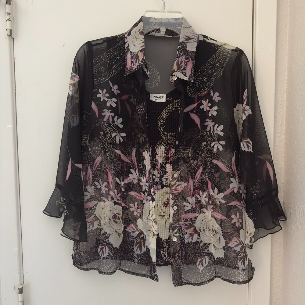 blouse with matching pleated tank top | Black and pink Floral | Liz Baker Petite